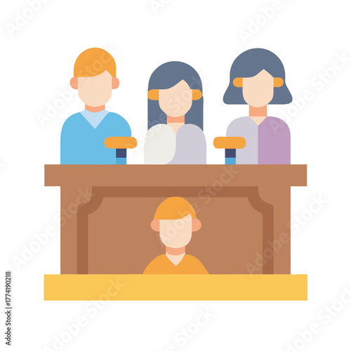 Stylized jury illustration in flat colors on black background