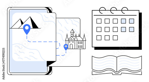 Tablet with map and pinpoints, a castle, calendar, and an open book symbolizing travel planning, itinerary creation, destination research, scheduling, tourism education and exploration. Ideal