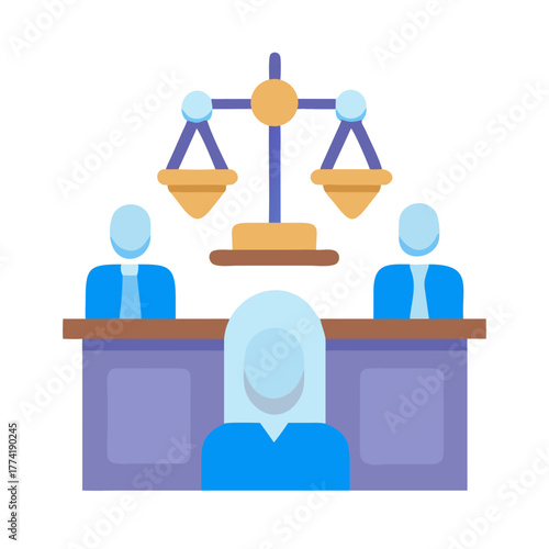 Flat vector art of a courtroom setting with judges