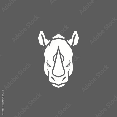 A minimalist white rhinoceros head logo with a grey background.
