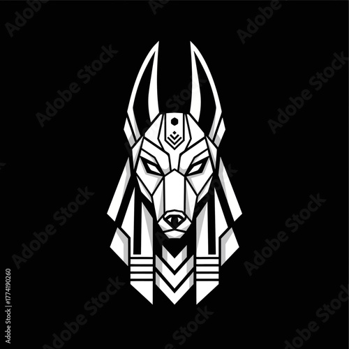Geometric black and white illustration of Anubis, the ancient Egyptian jackal-headed god, in a minimalist and modern style.