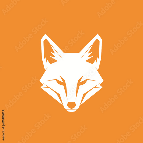 A stylized white fox head on an orange background, featuring sharp, geometric shapes and a minimalist design.