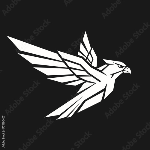 A modern, geometric emblem of a white falcon in flight against a solid black background.