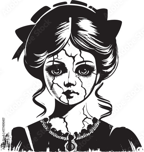 Eerie Elegance: Antique Doll Portrait with Cracked Porcelain Tex