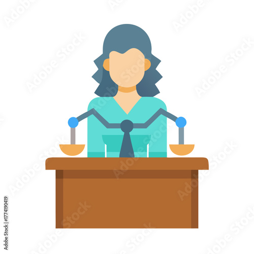 Illustration of a female judge weighing justice in court