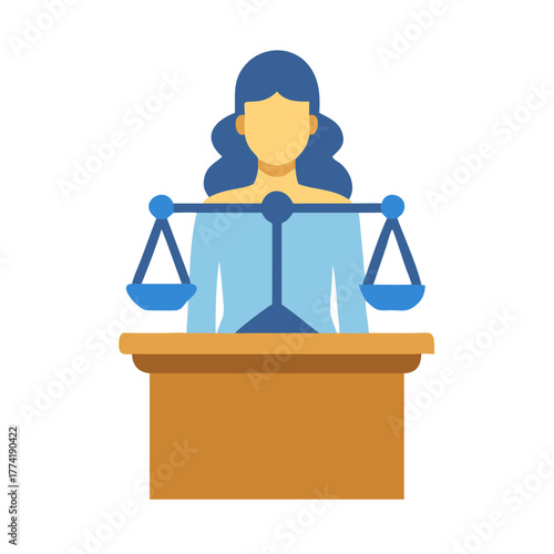Female judge illustration in courtroom with scales of justice
