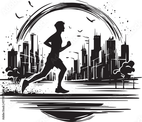 Urban vitality: A man's silhouette jogging through a stylized ci