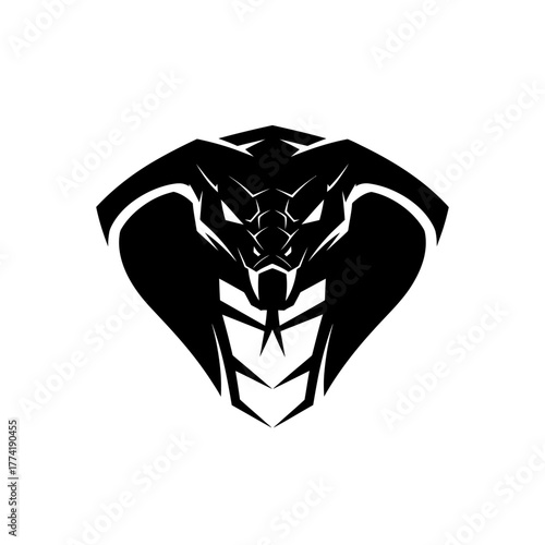Black and white cobra head logo, a stylized illustration of a snake's face, with sharp details.