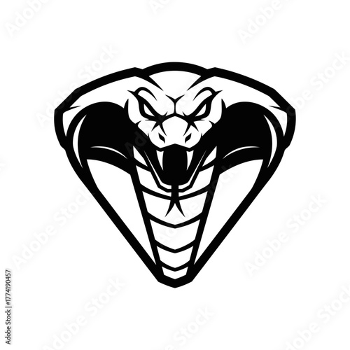 Stylized cobra head with fangs, hood, and diamond-shaped outline in black and white.