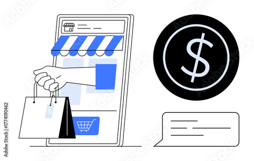 Mobile device showcasing storefront, hand holding shopping bags, dollar sign for digital payment, and chat icon. Ideal for e-commerce, retail, online payment, shopping, convenience digital