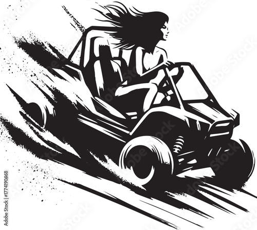 Woman exhilarates desert terrain in minimalist sumi-e dune buggy