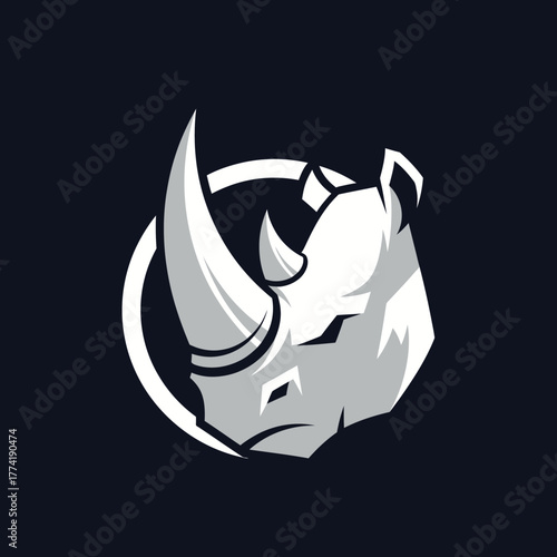 A detailed grayscale illustration of a rhinoceros head inside a white circle, facing left.