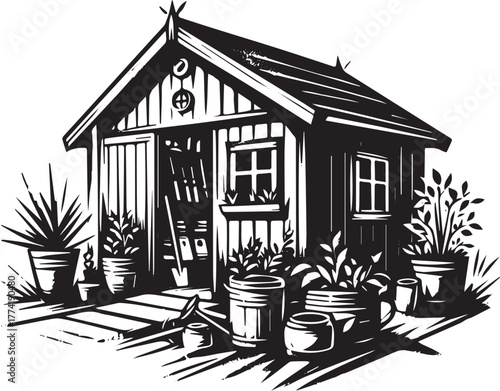 Monochrome Potting Shed Illustration with Gardening Tools and Po