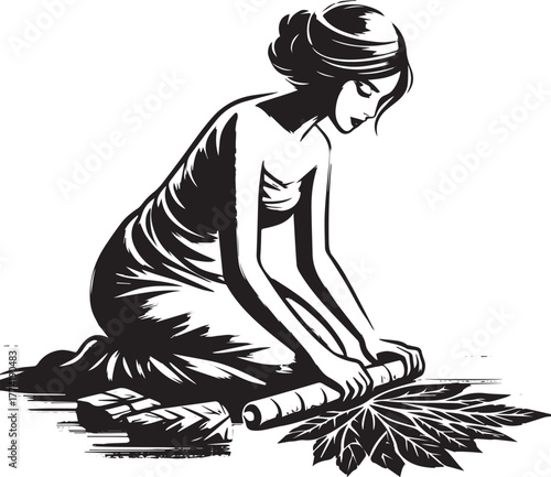 Graceful preparation: A woman creating traditional food with ser