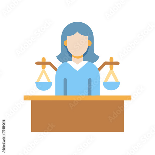 Flat illustration of a female judge with scales of justice