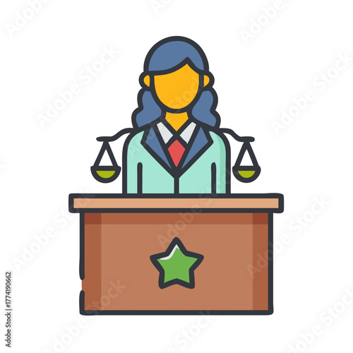 Female judge stands behind a podium with scales icon
