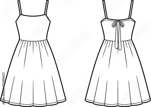 Fashion flat sketch, sleeveless dress design, spaghetti strap style, flared skirt silhouette, bow detail back, technical garment drawing, apparel illustration, 