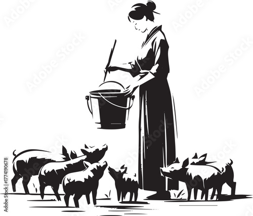 Sumi-e illustration of a woman gracefully feeding pigs from a bu
