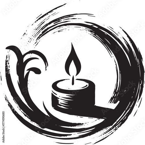 Minimalist sumi-e icon of a candle within a brushstroke circle d