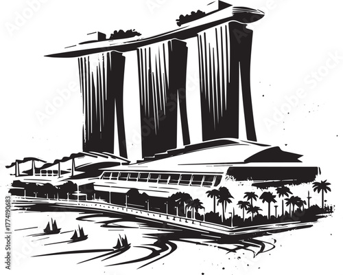 Minimalist Sumi-e Illustration of Iconic Singaporean Landmark wi