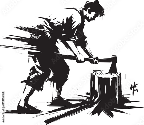 Dynamic sumi-e illustration of a woodsman chopping wood with foc