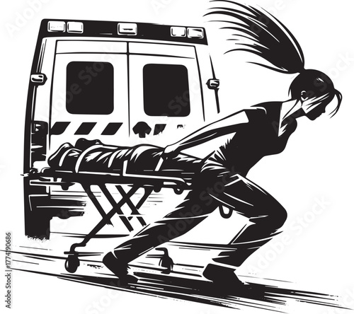 Urgent care stylized illustration: A paramedic racing to the hos