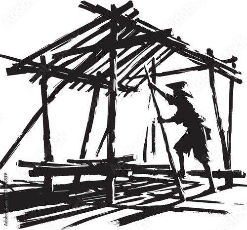 Sumi-e illustration of a man building a shelter with wooden pole