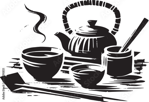 Elegant sumi-e style illustration of a traditional japanese tea