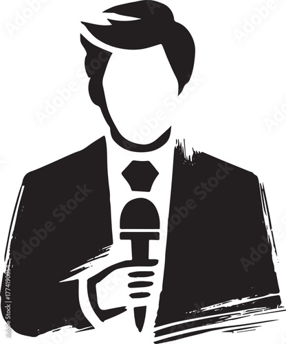 Monochromatic reporter with microphone emblem, broadcasting with