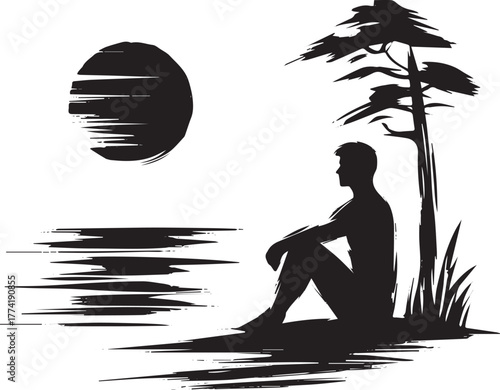 Tranquil silhouette scene of contemplation by the water's edge u