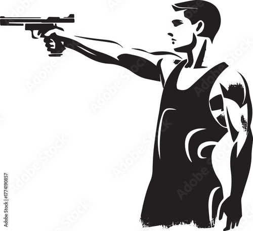Focused sportsman aiming pistol in minimalist monochrome artisti