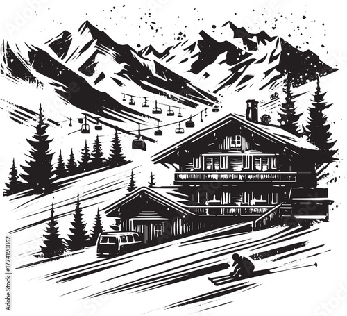 Scenic Ski Chalet Getaway: Sumi-e Illustration of Winter Mountai