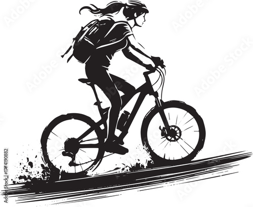 Minimalist ink illustration of a woman biking uphill with determ