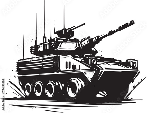 Stylized tank icon in black ink, a minimalist military vehicle i