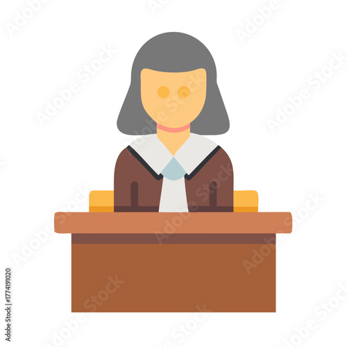 Flat icon of female judge behind wooden desk