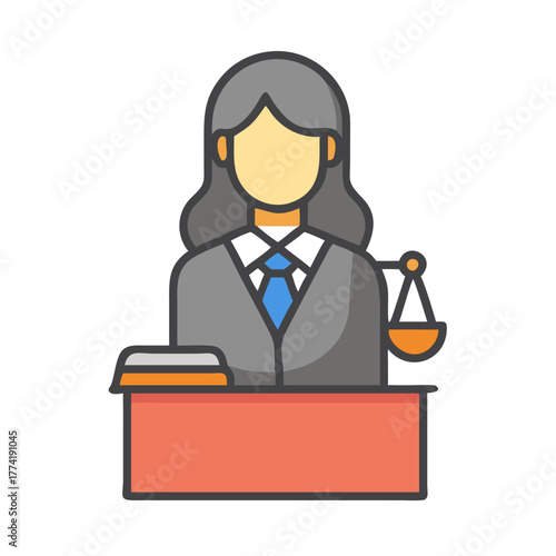 Female judge illustration with scales of justice icon graphic