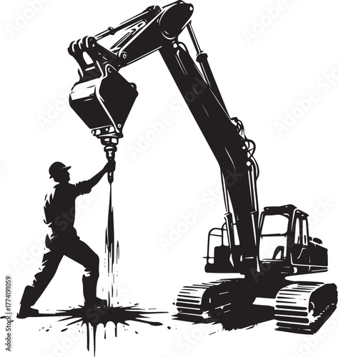 Monochrome illustration of a construction worker lubricating an