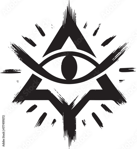 Abstract minimalist eye emblem, geometric triangle symbol in sum