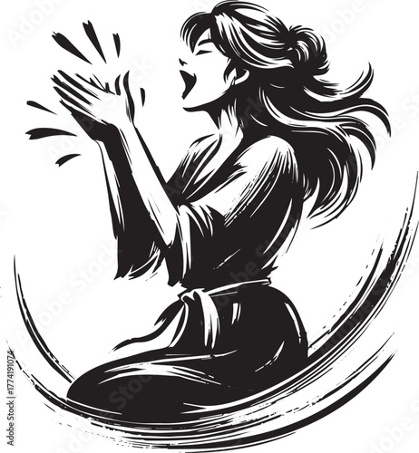 Sumi-e illustration portraying a woman in fervent applause and j