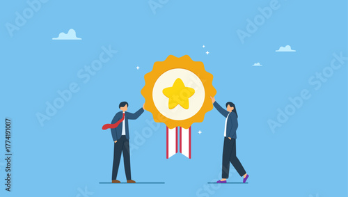 Success businessman and businesswoman professional stand with star award. Professional or expert who success and win award, best office employee or specialist with skills to achieve goal.
