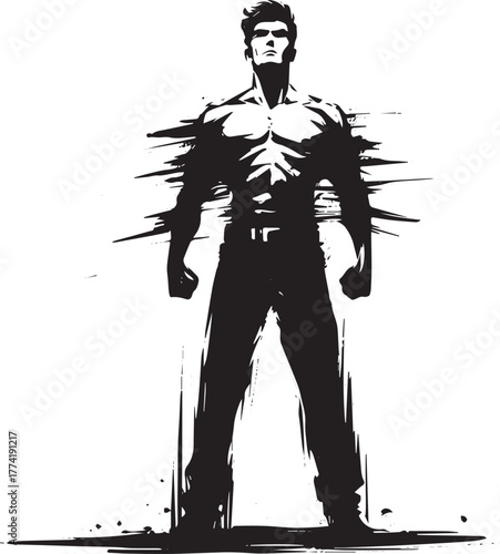 Bold monochrome illustration of a muscular man with intense brus