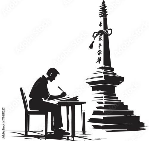 Silhouette of a Man Writing Vows Next to a Sumi-e Japanese Monum