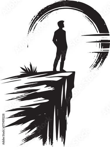 Monochrome ink illustration of a man contemplating on a cliff ed