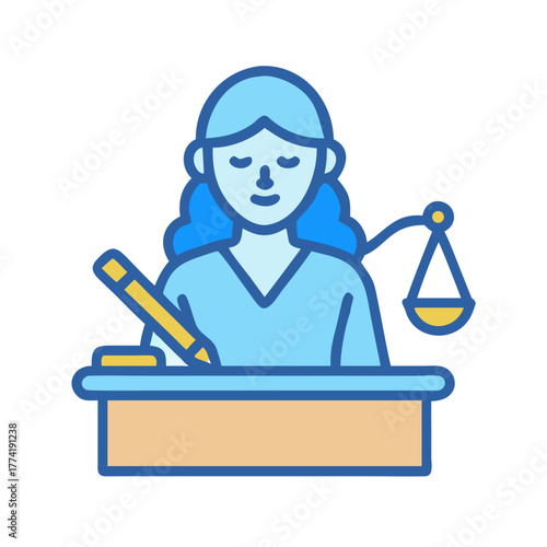 Cartoon illustration of judge making decision with scales icon