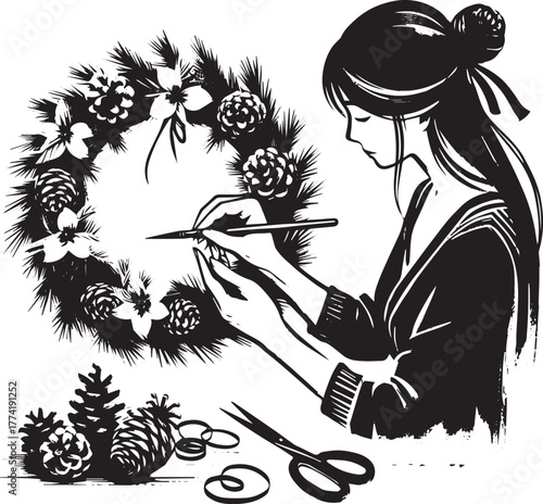 Elegant monochrome illustration of a woman artistically crafting