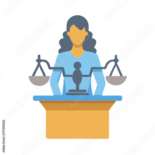 Female lawyer standing behind scales of justice courtroom desk
