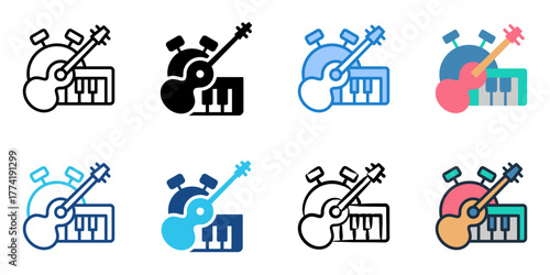 Musical instrument icon set multiple style collection 
