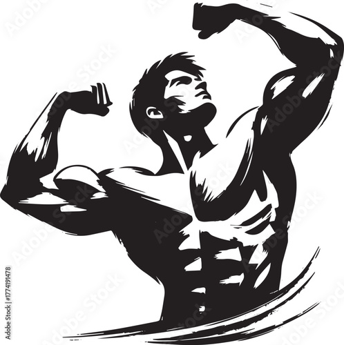 Dynamic brushstroke illustration of muscular man flexing in sumi