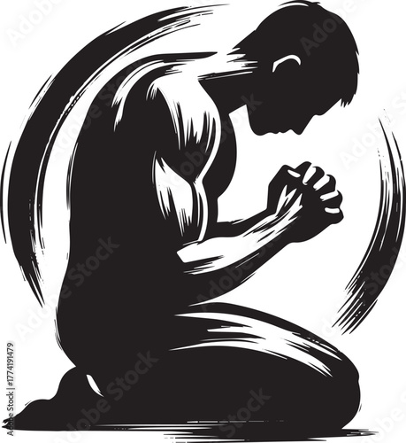 Silhouette of a man kneeling in reverence, sumi-e brush stroke s