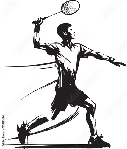Dynamic monochrome illustration of a badminton player in express